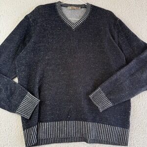 Raffi Wool Cashmere V Neck Sweater Mens L Navy Grey Trim $225